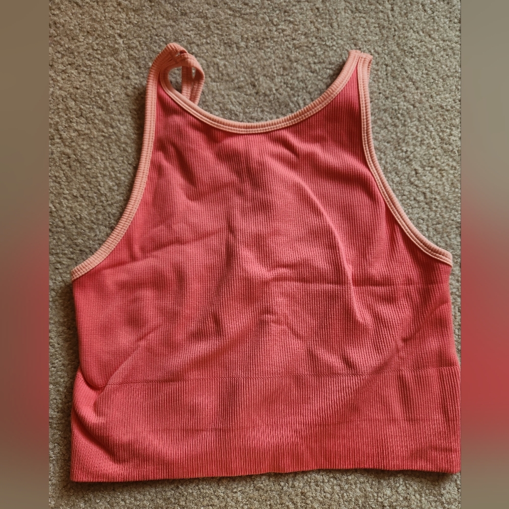 Athleta Aurora high neck crop tank in coral color, size small.